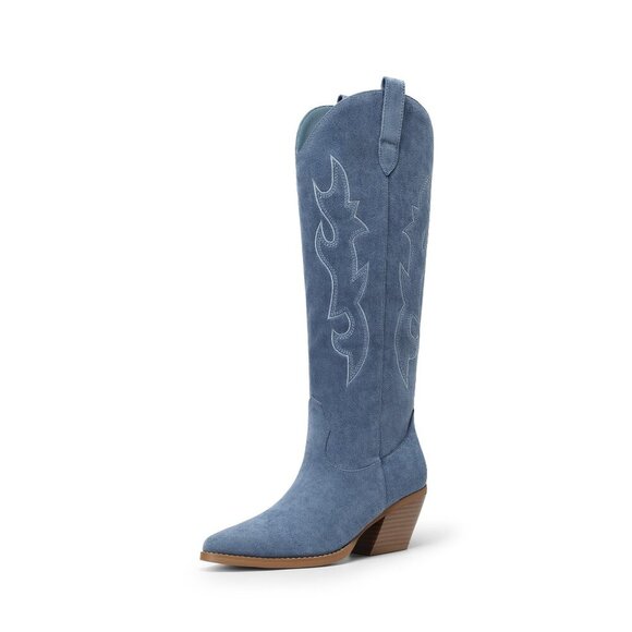 Women's Knee High Cowboy Boots Pointed Toe Chunky Heel Suede